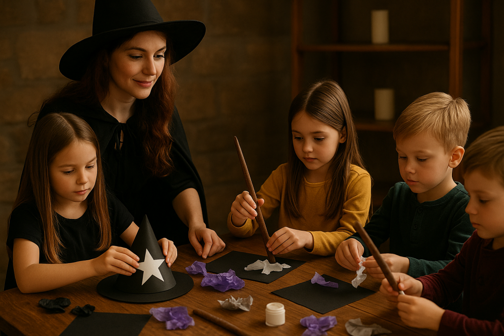 bambini creano la loro bacchetta magica e il cappello per la scuola di magia