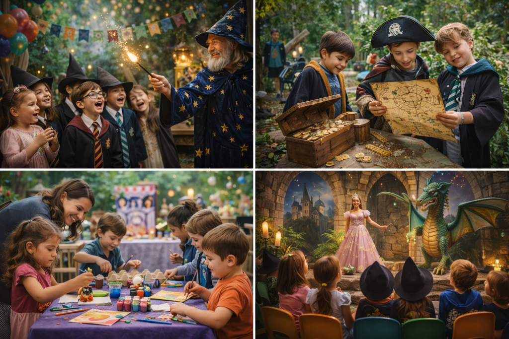 Animazione durante una festa di compleanno per bambini a Milano con spettacolo di magia, caccia al tesoro e laboratorio creativo.