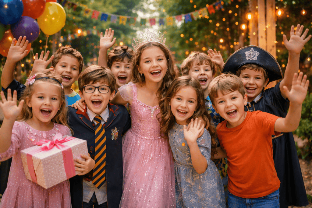 Bambini che festeggiano insieme durante una festa di compleanno per bambini a Milano con animazione e allestimento tematico.