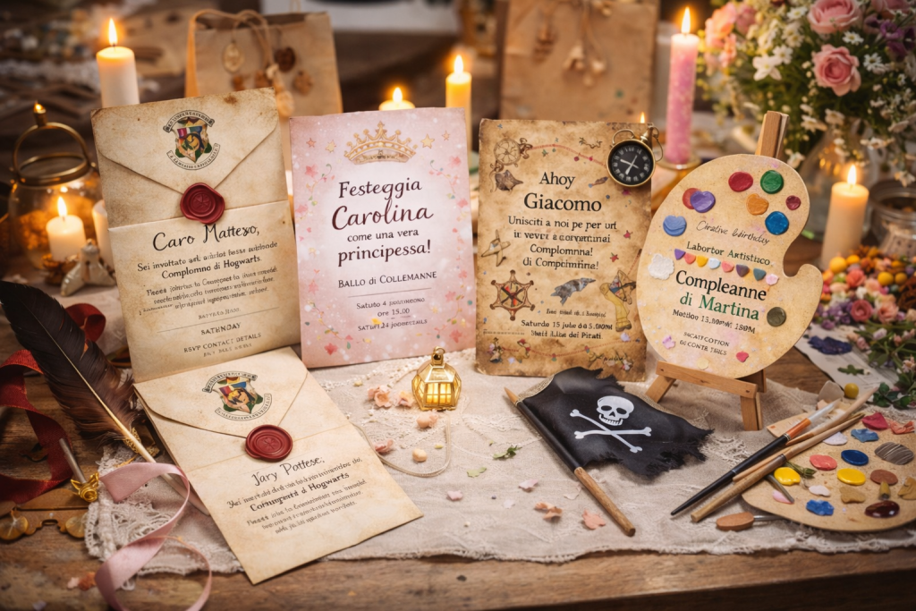 Inviti personalizzati per festa di compleanno bambini a Milano con temi principessa, pirati e scuola di magia.