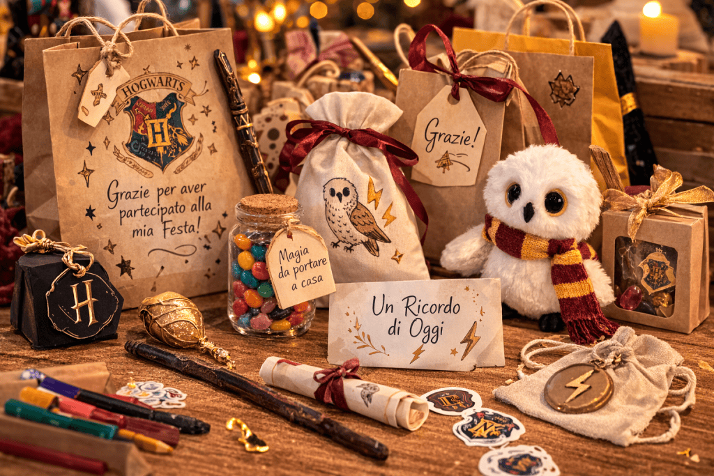 Regali di fine festa per compleanno bambini con sacchetti sorpresa e gadget tematici ispirati alla scuola di magia.