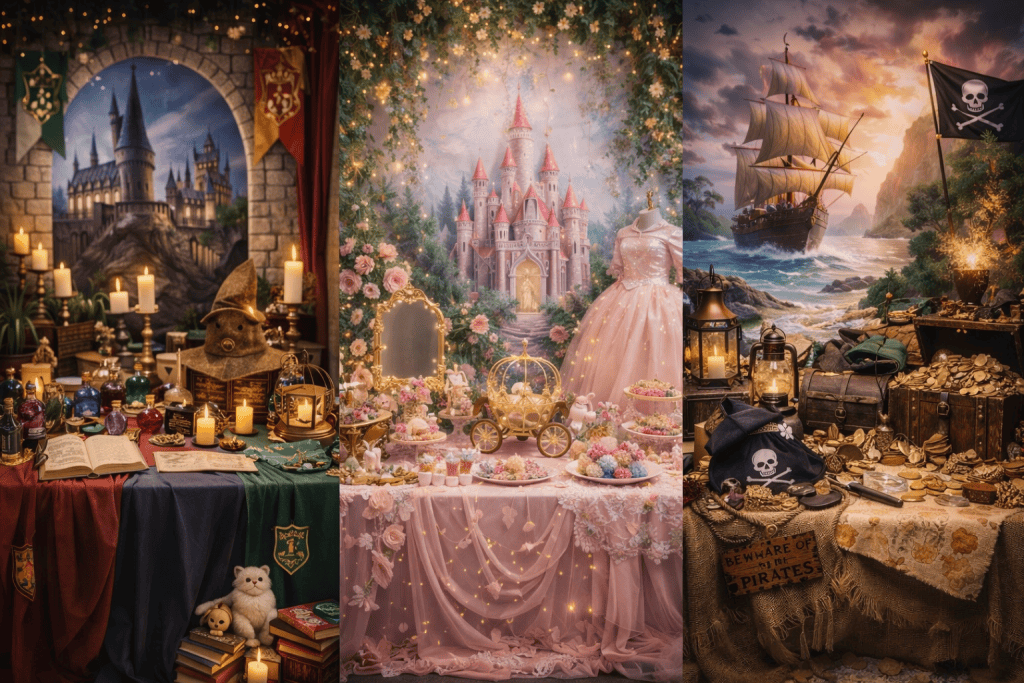Scenograiffa per festa di compleanno bambini a Mialno con backdrop tematici e tavoli allestiti a tema magia, principesse e pirati