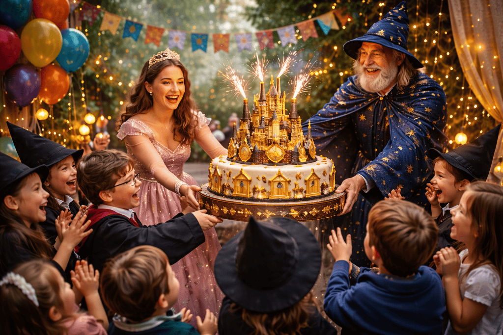Momento della torta durante una festa di compleanno per bambini a Milano con animatori e allestimento scenografico.